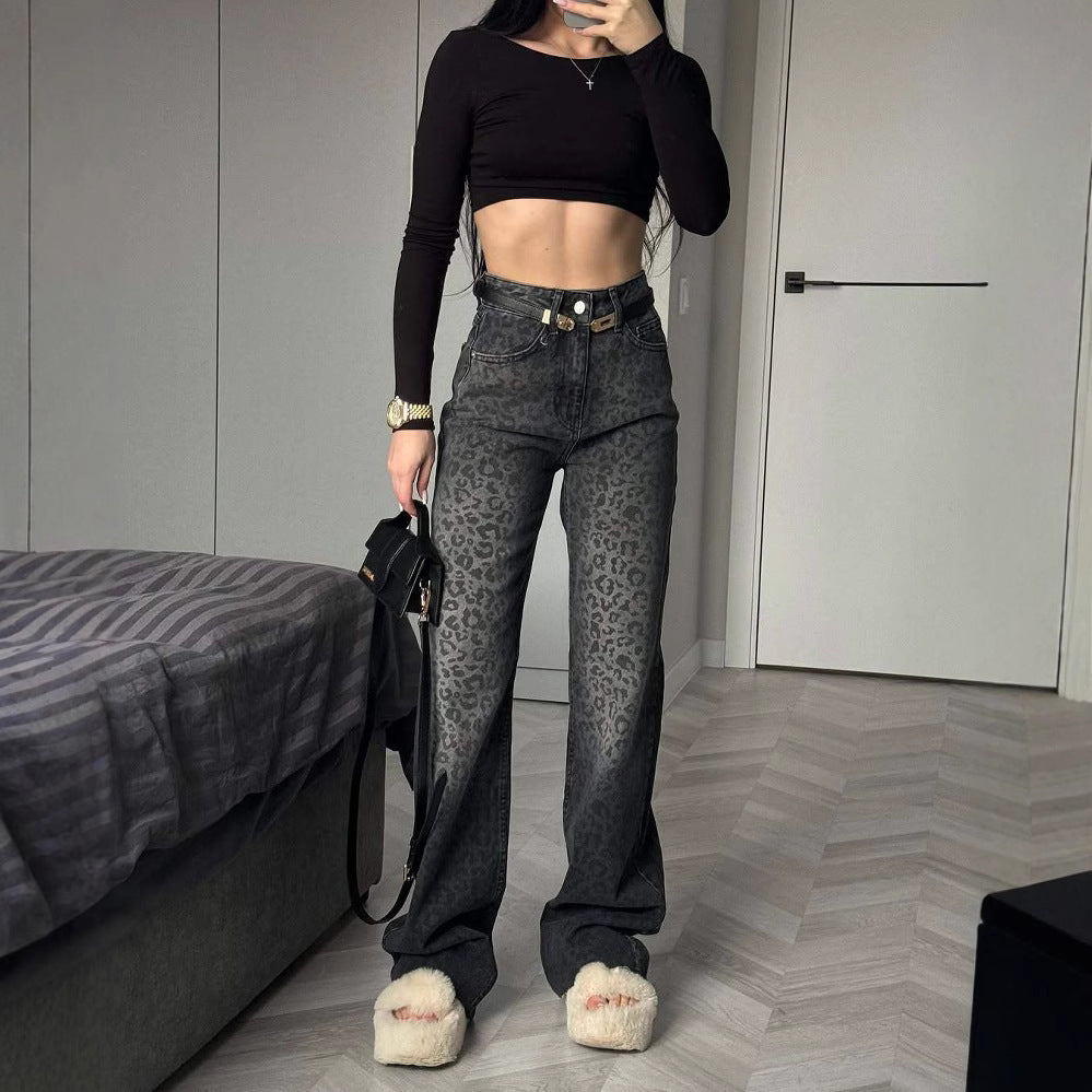 Damen High-Waist Jeans mit Leopardenmuster R&B