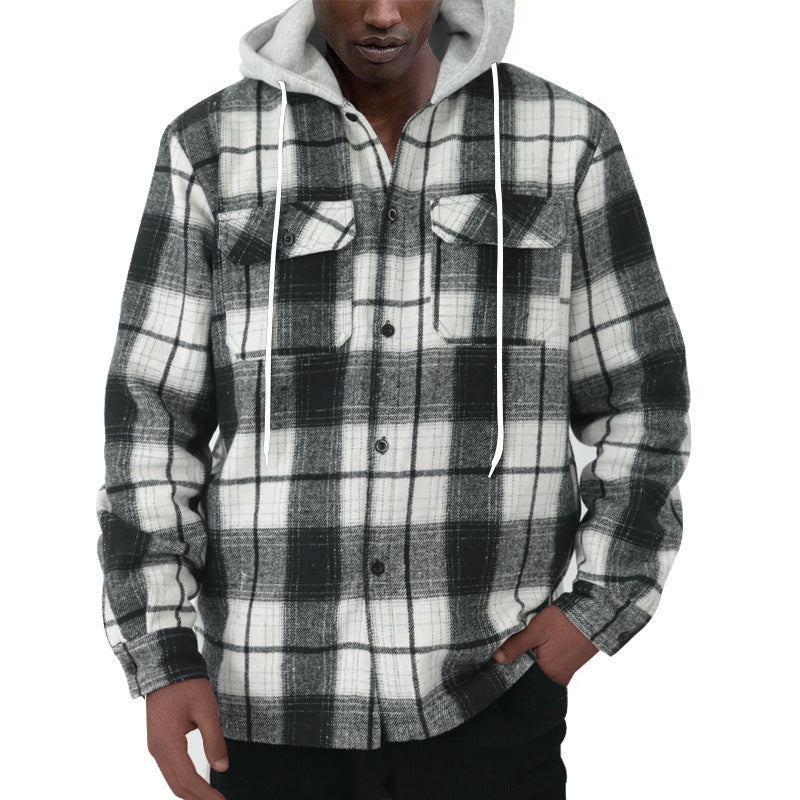 Herren Karierte Flanelljacke mit Hoodie und zwei Brusttaschen R&B