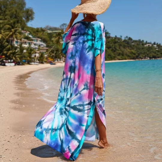 Damen Strandkleid mit buntem Batikdesign und weit geschnittenen Ärmeln R&B