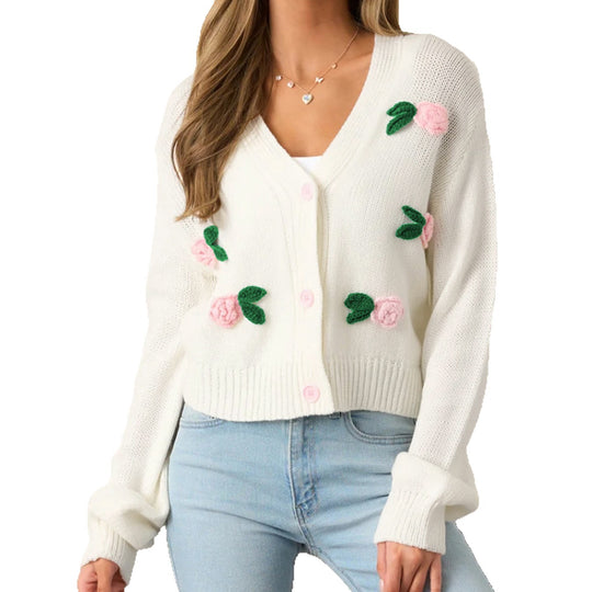 Damen Strickjacke mit floralen Applikationen und bequemen Knopfdetails R&B