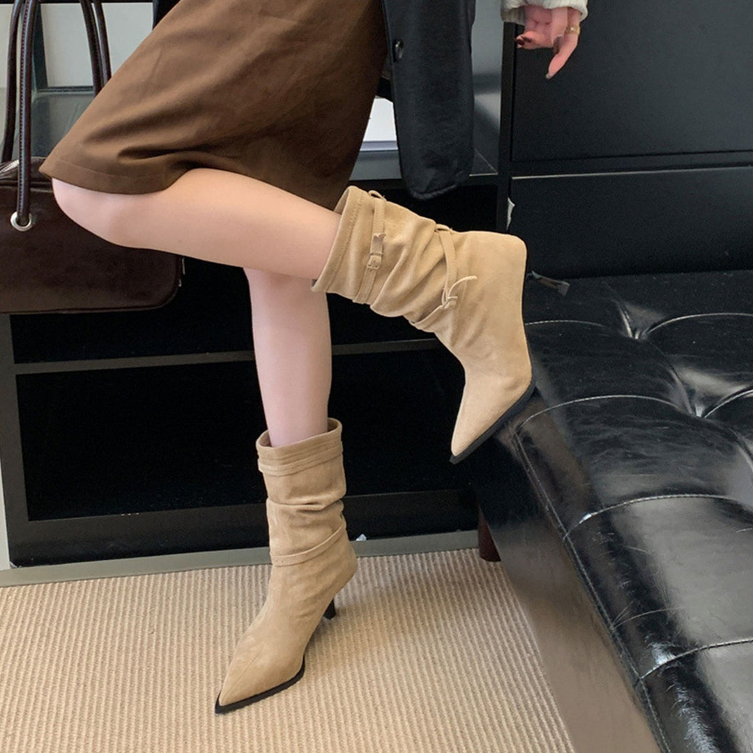 Damen elegante Stiefeletten aus süßem Wildleder mit schickem Falten-Design und kitten Absatz R&B