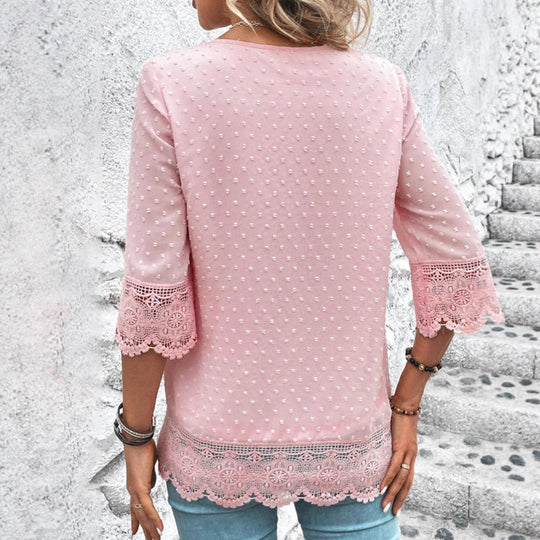 Damen nan transparente Chiffonbluse mit Pünktchenstruktur, Spitzenbesatz, V-Ausschnitt und dreiviertelärmeln R&B