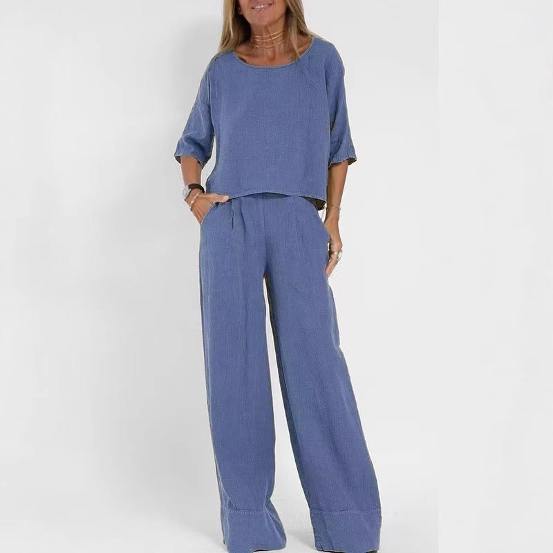 Damen luftiges Leinen-Ensemble mit weitem Schnitt und praktischen Taschen R&B