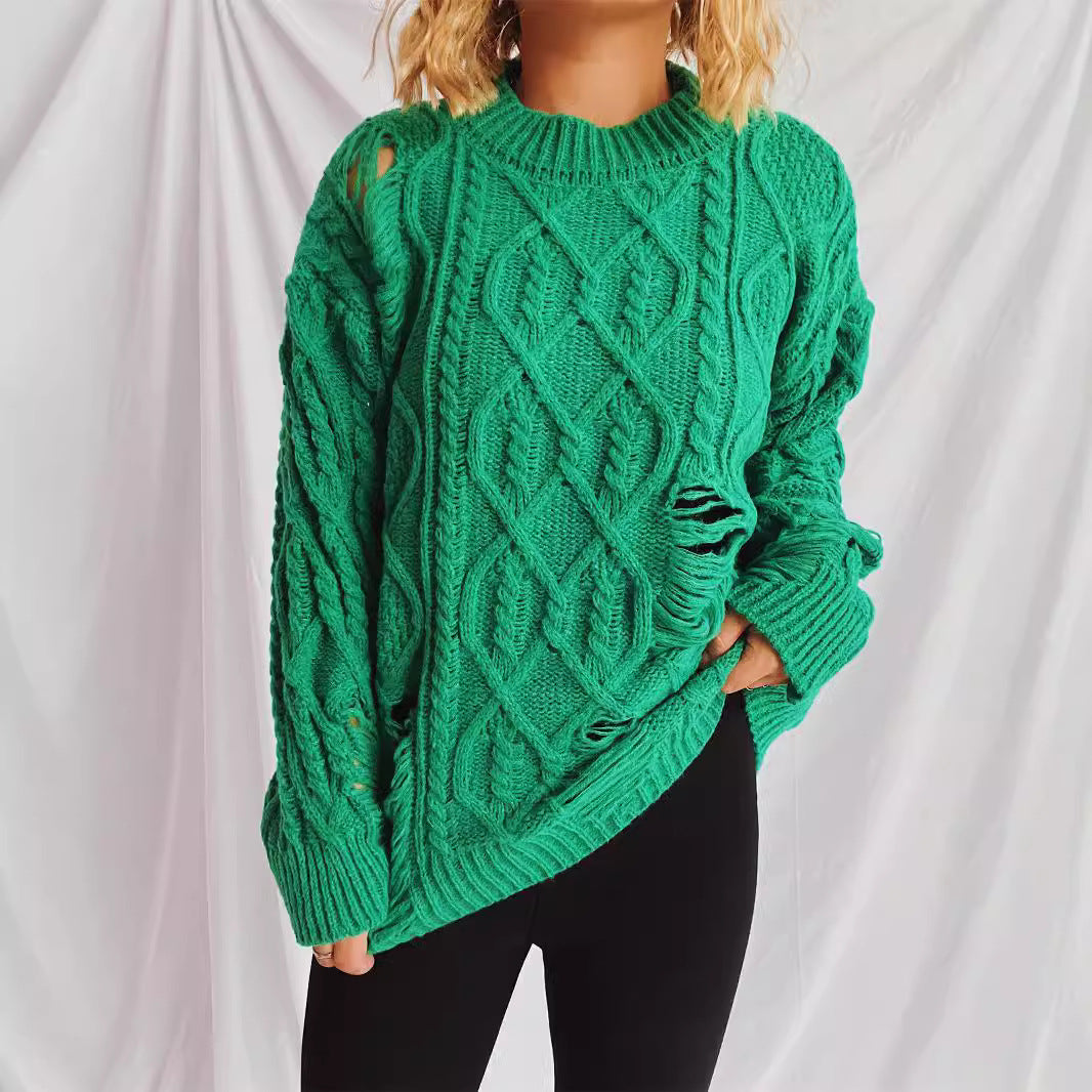 Damen Grobstrickpullover mit einzigartigem Zopfmuster und ausgefransten Details R&B