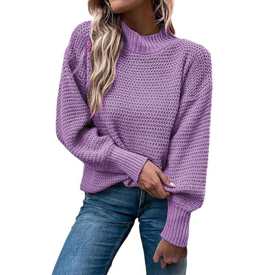 Damen Grobstrickpullover mit hohem Kragen und ballonförmigen Ärmeln R&B