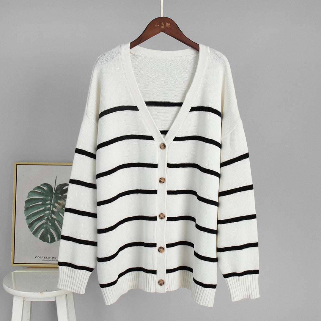 Damen Strickcardigan mit V-Ausschnitt und groben Streifen R&B