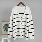 Damen Strickcardigan mit V-Ausschnitt und groben Streifen R&B