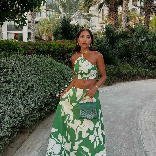 Damen Set aus Crop-Top und Maxiröcken mit floralem Design R&B