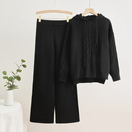 Damen lässiges Strick-Loungewear-Set mit Kapuze und breiten Beinen R&B