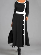 Damen elegantes Maxikleid mit kontrastierenden Knopfdetails und schwingendem Rock