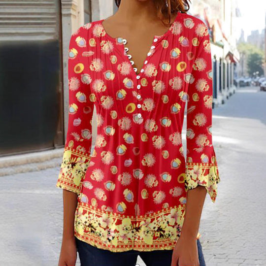 Damen nan leichte Boho-Bluse mit V-Ausschnitt, Zierfalten, Knopfleiste und dreiviertelärmeln R&B