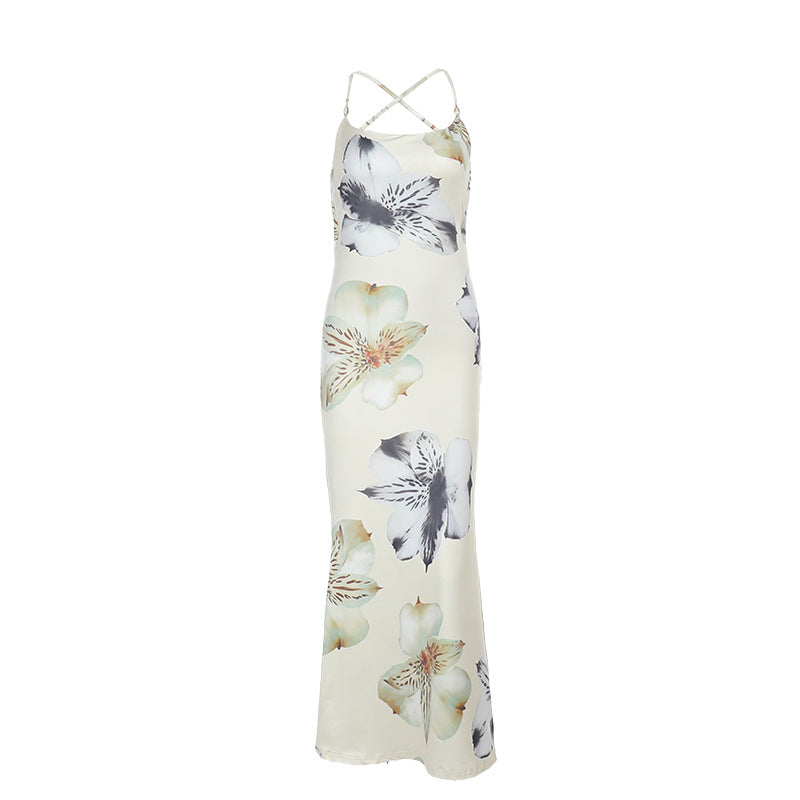 Damen Maxikleid mit zartem Blumenmuster und feinen Spaghetti-Trägern R&B