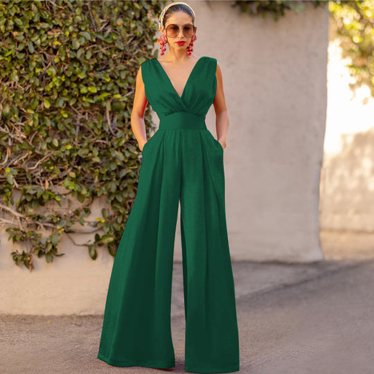 Damen Jumpsuit mit tiefem V-Ausschnitt und weit geschnittenem Bein R&B