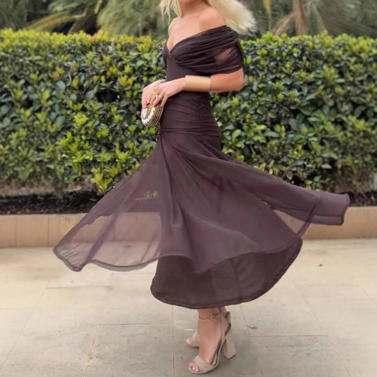 Damen nan elegantes bodenlanges Abendkleid mit drapierter Schulterpartie und luftiger Chiffon-Rock R&B