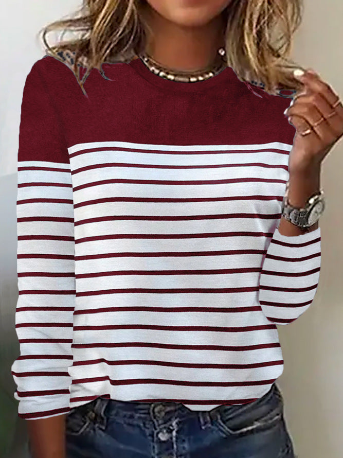 Damen Lässiges Rundhals Longsleeve mit Streifenmuster R&B