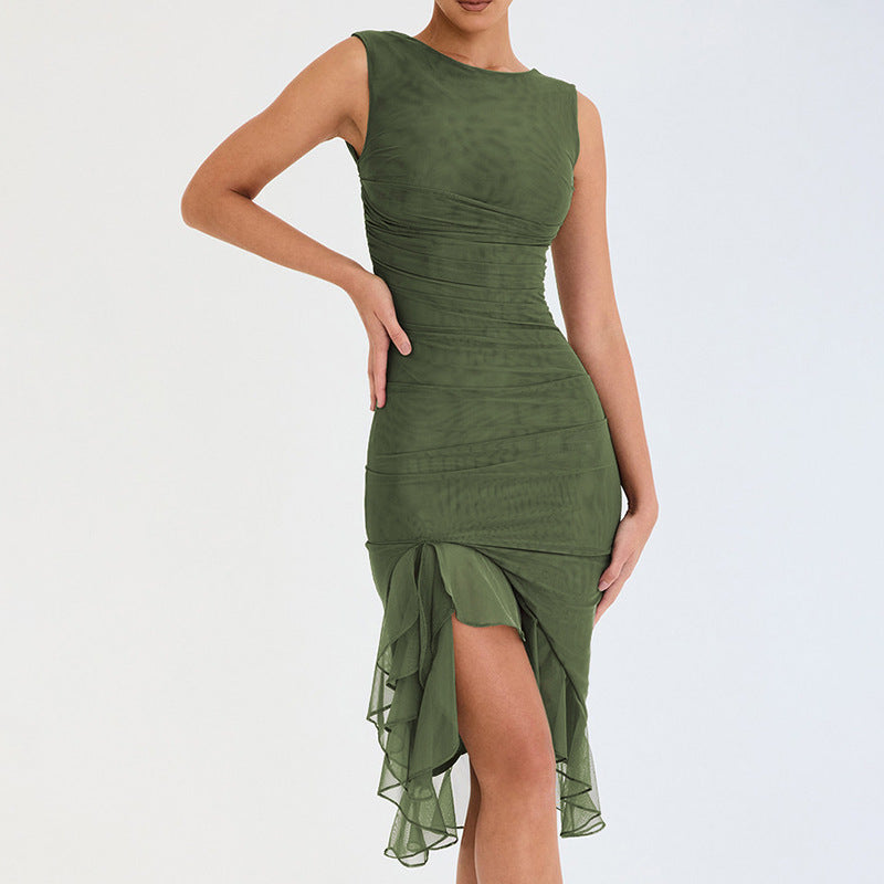 Damen figurbetontes Cocktailkleid mit raffinierten Rüschendetails und asymmetrischem Saum R&B