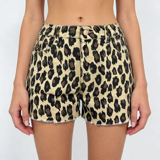 Damen lässige Leo-Shorts mit fransigem Saum und hohen Taschen R&B