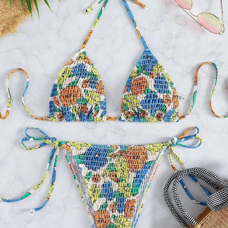 Damen Triangel-Bikini mit buntem Floral-Muster und elastischen Bindebändern R&B