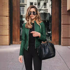 Damen nan schmal geschnittene Lederjacke mit Stehkragen und Zwei-Wege-Reißverschluss R&B