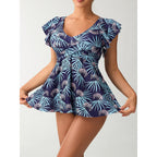 Damen Einteiler Badeanzug mit femininer Raffung und floralem Design R&B