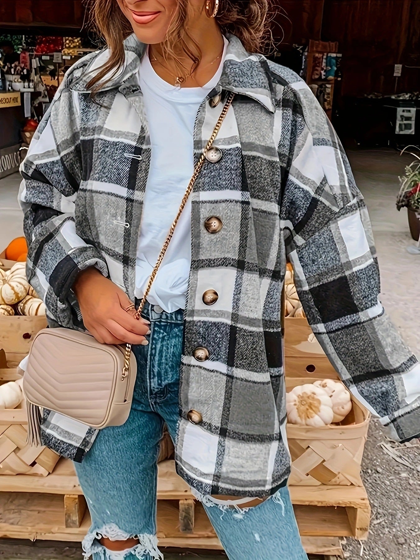 Damen Karierte Flanelljacke mit Knopfdetails und lässigem Schnitt R&B