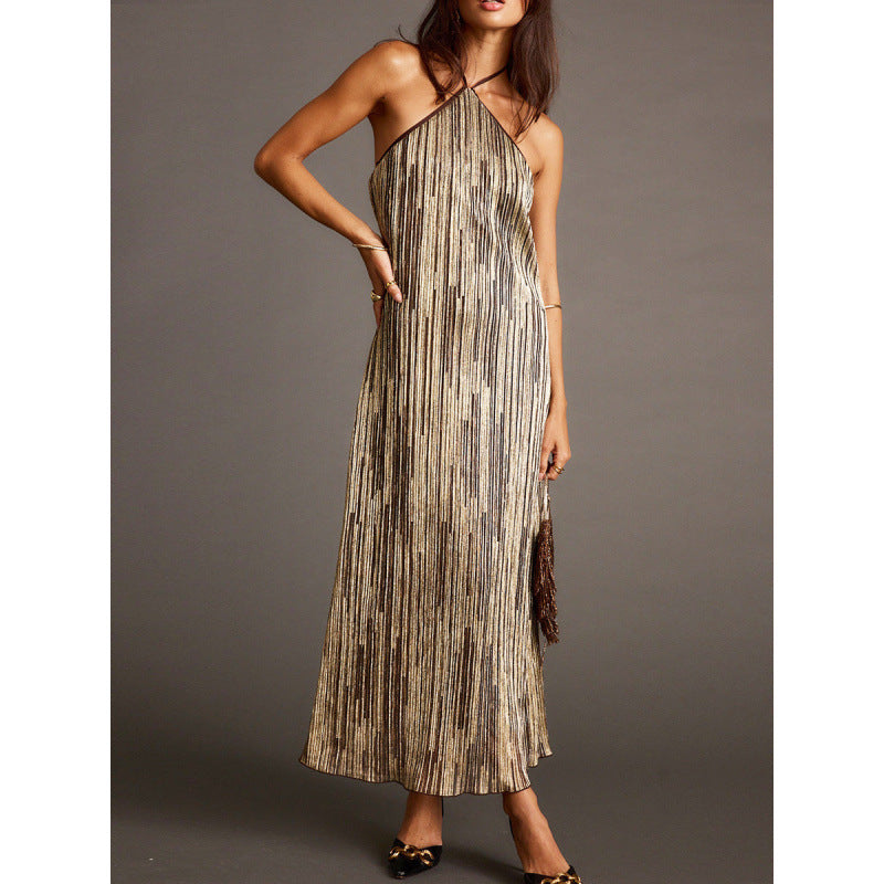 Damen Elegantes Maxikleid mit schimmerndem Streifenmuster und RückenbindR&Band R&B