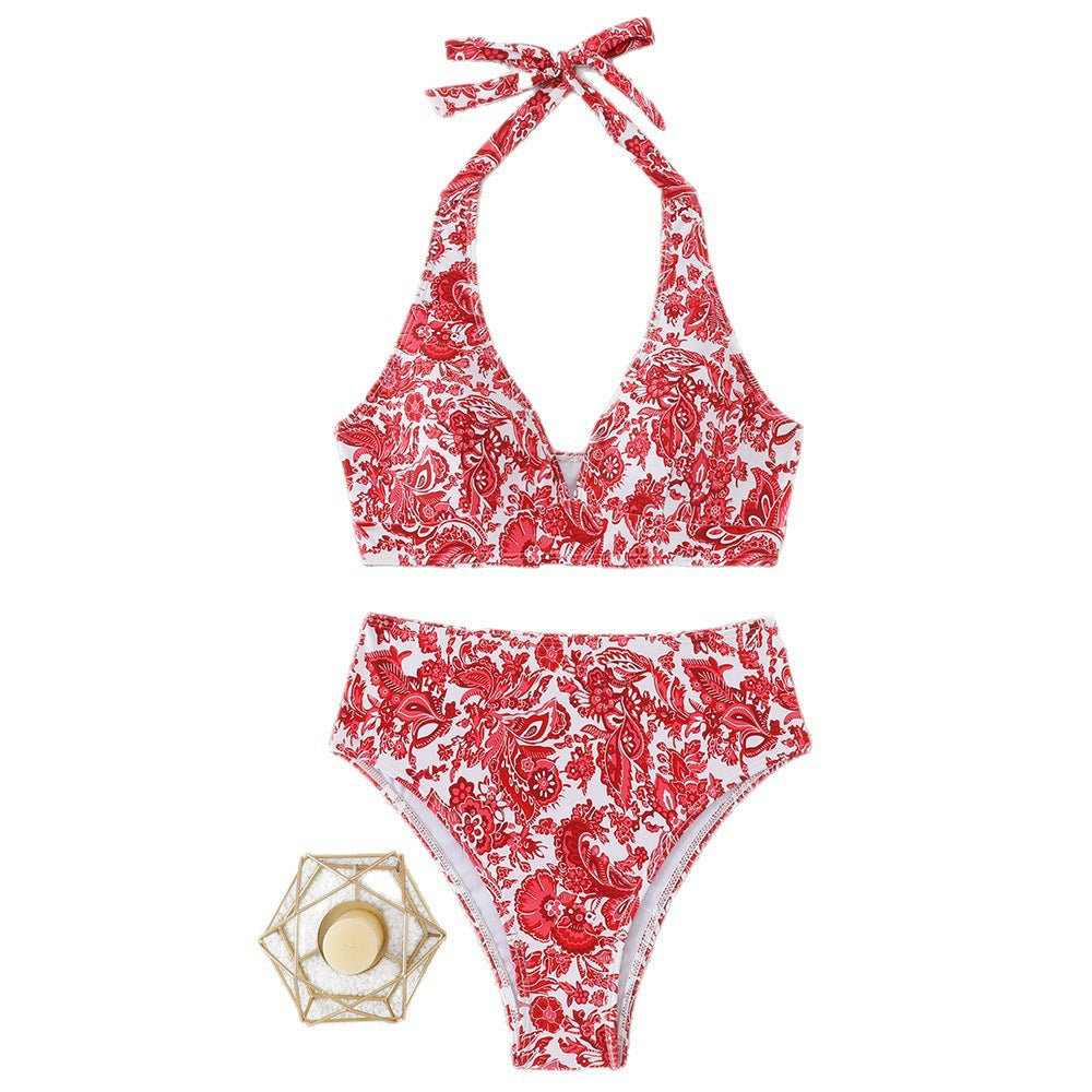 Damen Hochtailliertes Bikini-Set mit floralem Design und verspieltem Halteroberteil R&B