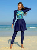 Damen Sportlicher Badeanzug mit langem Arm und elegantem Rock R&B