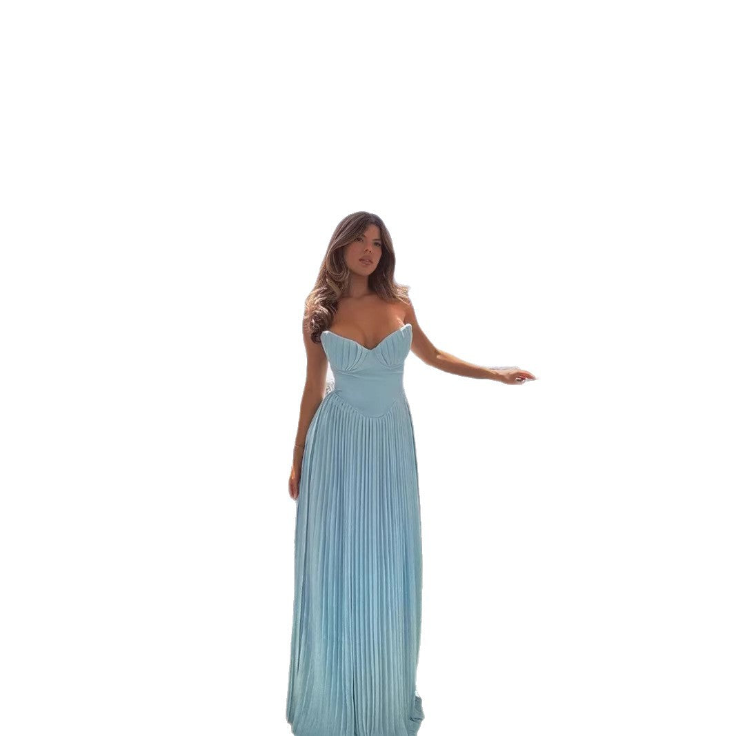 Damen Plisseekleid mit tiefem Herzausschnitt und fließendem Rock R&B