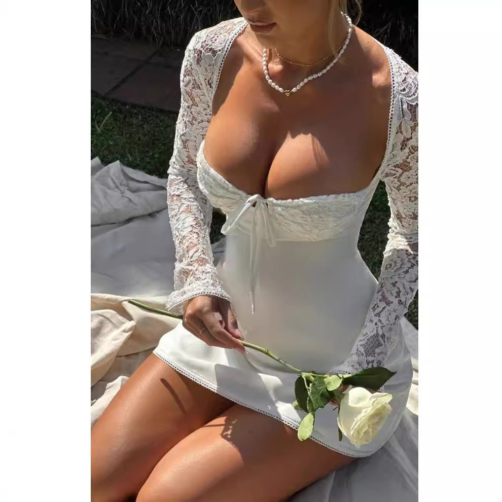 Damen Elegantes Spitzenkleid mit tiefem Ausschnitt und langen Ärmeln R&B