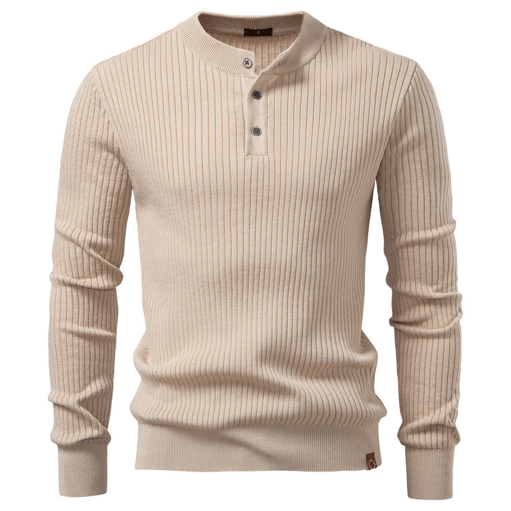 Herren nan gerippter Langarm-Henleypullover mit Stehkragen, feinem Rippstrick und schmaler Passform R&B