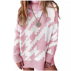 Damen Grobstrickpullover mit hohem Kragen und modernem geometrischen Muster R&B