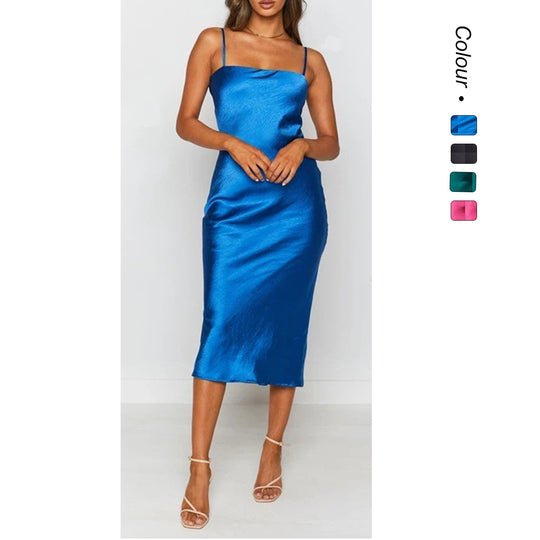 Damen Satin-Midikleid mit schmalen Spaghettiträgern und elegantem Schnitt R&B
