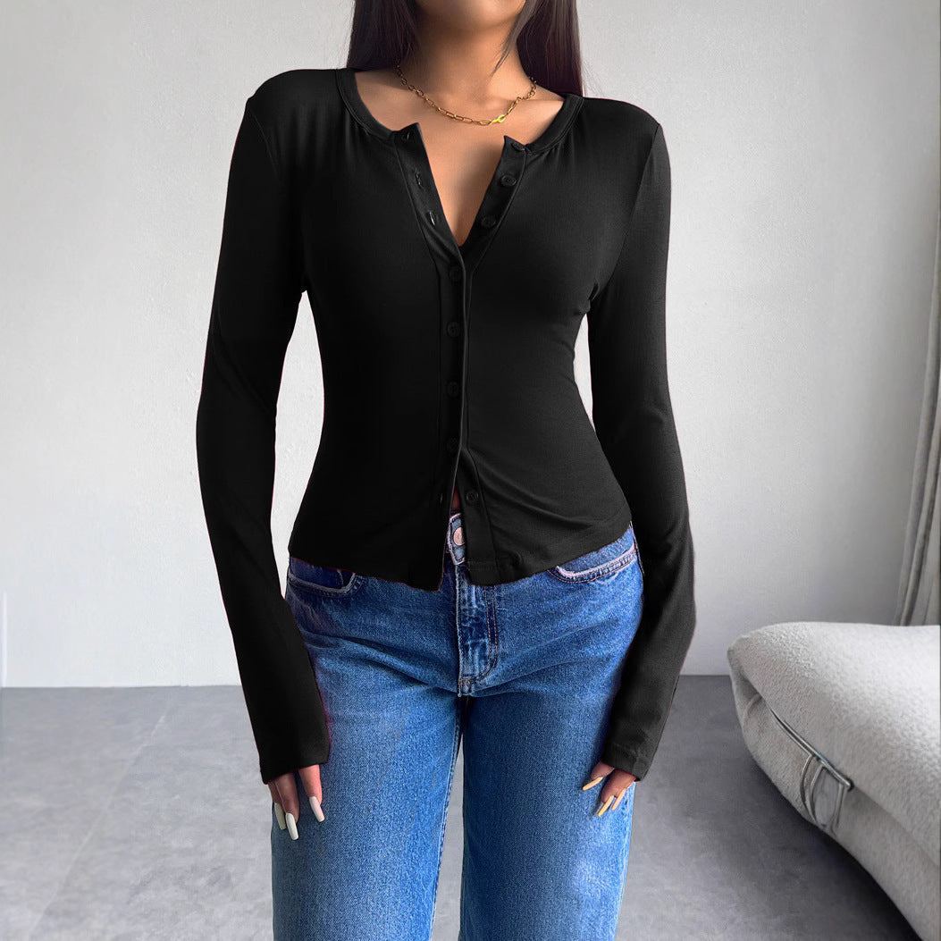 Damen Langarmshirt mit modischer Knopfleiste und figurschmeichelndem Schnitt R&B