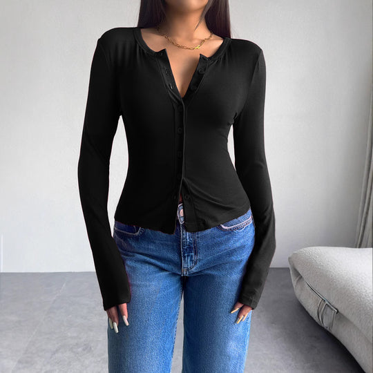 Damen Langarmshirt mit modischer Knopfleiste und figurschmeichelndem Schnitt R&B