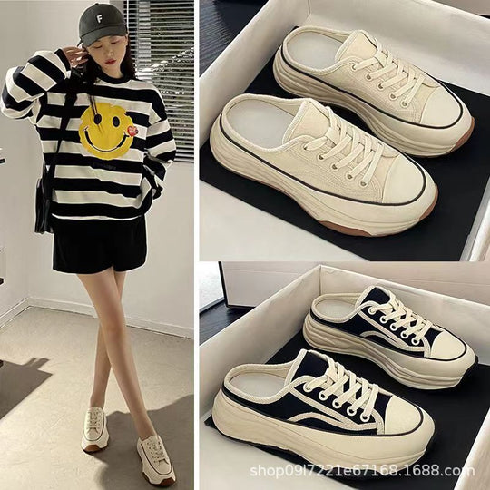 Damen lässige Stoff-Sneaker mit dickem Plateau und kontrastierenden Streifen R&B