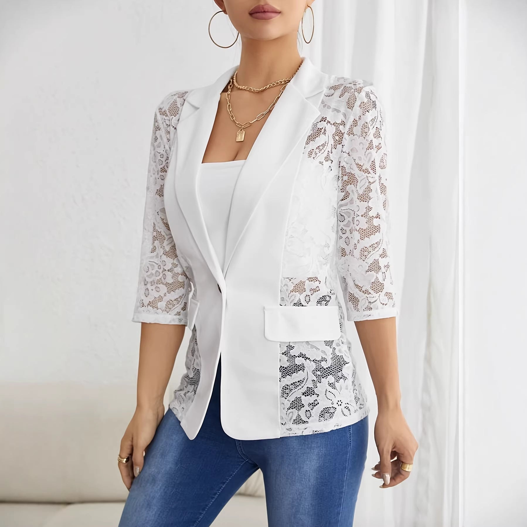 Damen nan taillierter Longblazer mit Spitzeneinsätzen und Reverskragen R&B