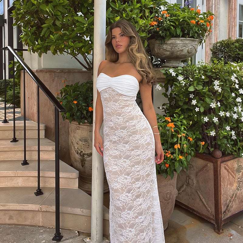 Damen Corsage Maxikleid mit raffiniertem Spitzenmuster und trägerlosem Design R&B