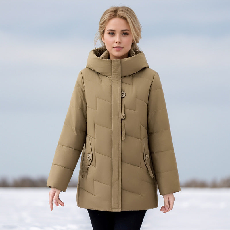 Damen modische gesteppte Winterjacke mit Kapuze und großen Taschen R&B