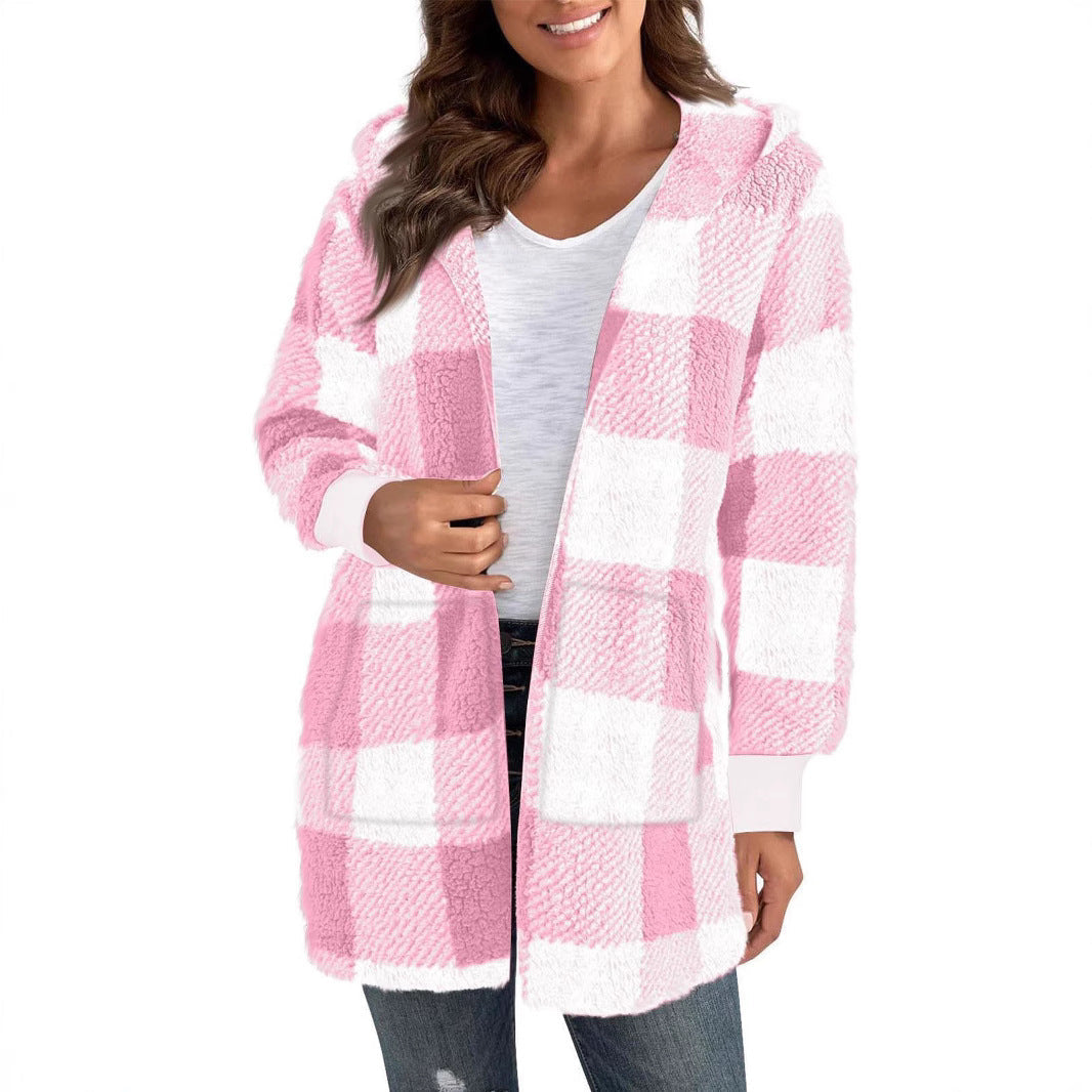 Damen Fleecejacke mit Karomuster und Kapuze R&B