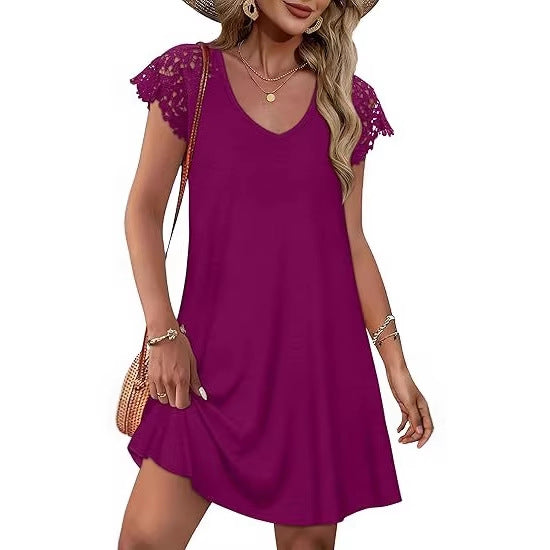 Damen Sommerkleid mit eleganten Spitzenärmeln und floralem Muster R&B
