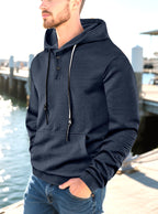 Herren nan geometrischer Struktur-Kapuzenpullover mit Henley-Blende und Kängurutasche R&B