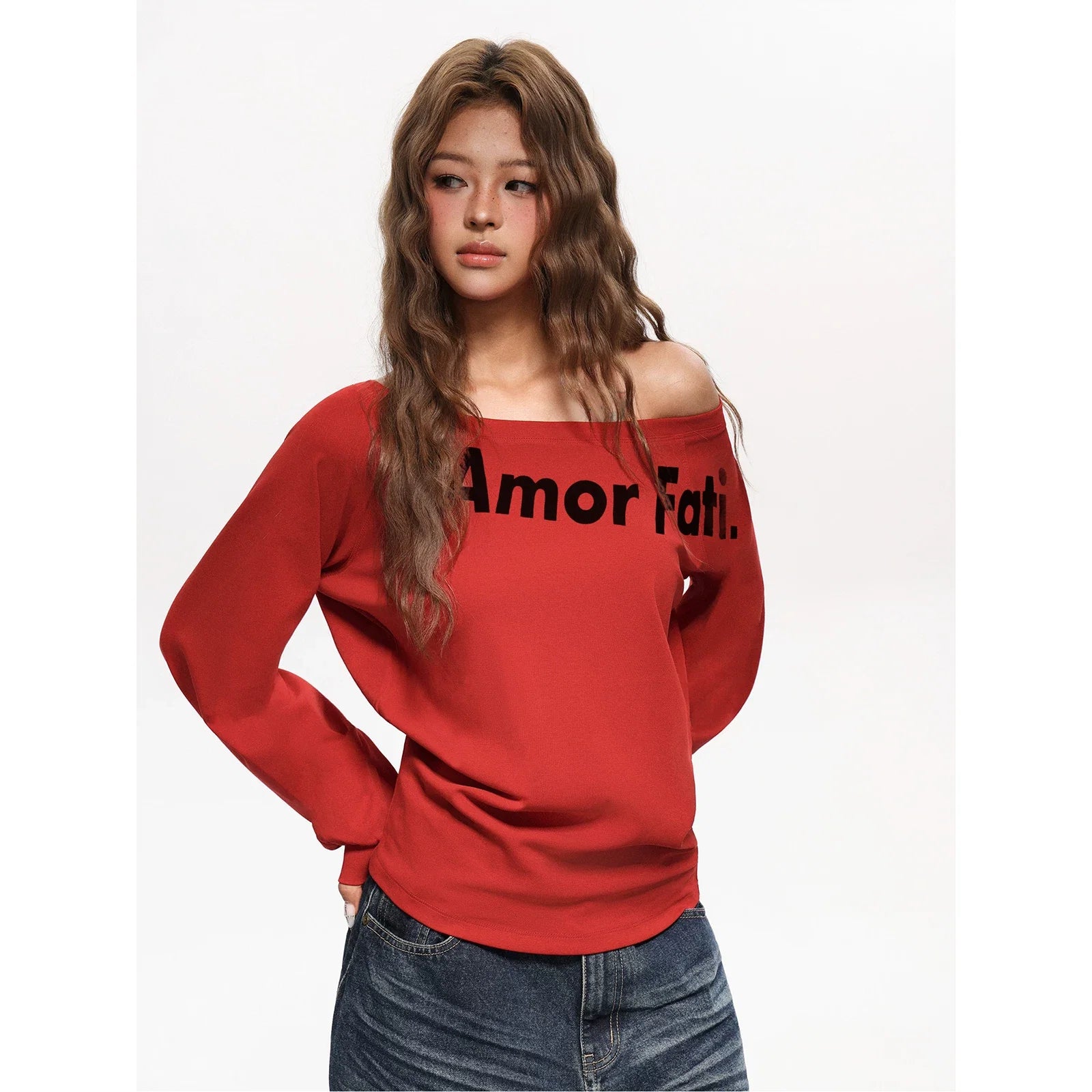 Damen nan schulterfreier Oversize-Sweatshirt mit großem Frontprint und legeren Ballonärmeln R&B