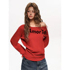 Damen nan asymmetrisches Sweatshirt mit überschnittenem Ausschnitt, diagonalem typografischem Print und ballonartigen Ärmeln R&B