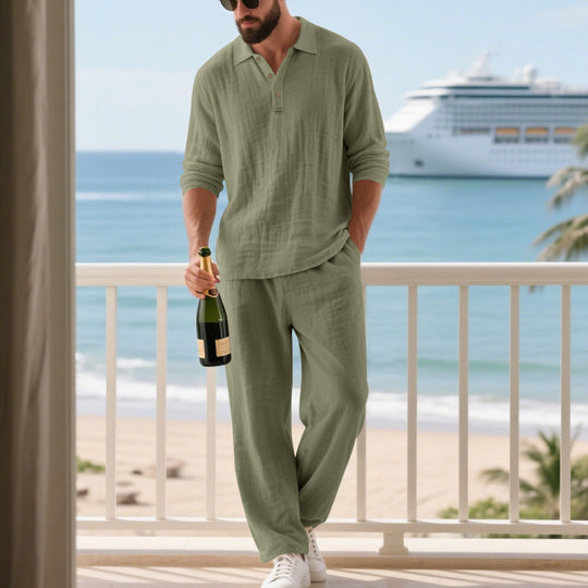Herren nan entspanntes Baumwoll-Musselin Resort-Set mit Polokragen Knopfleiste und weitem Komfortbund R&B