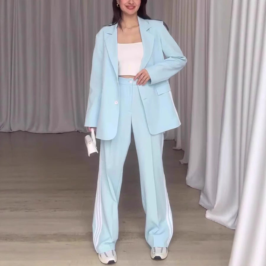 Damen Modisches Blazer-Hosen-Set mit kontrastierenden Streifen R&B