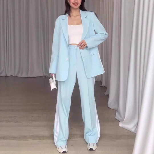 Damen Modisches Blazer-Hosen-Set mit kontrastierenden Streifen R&B