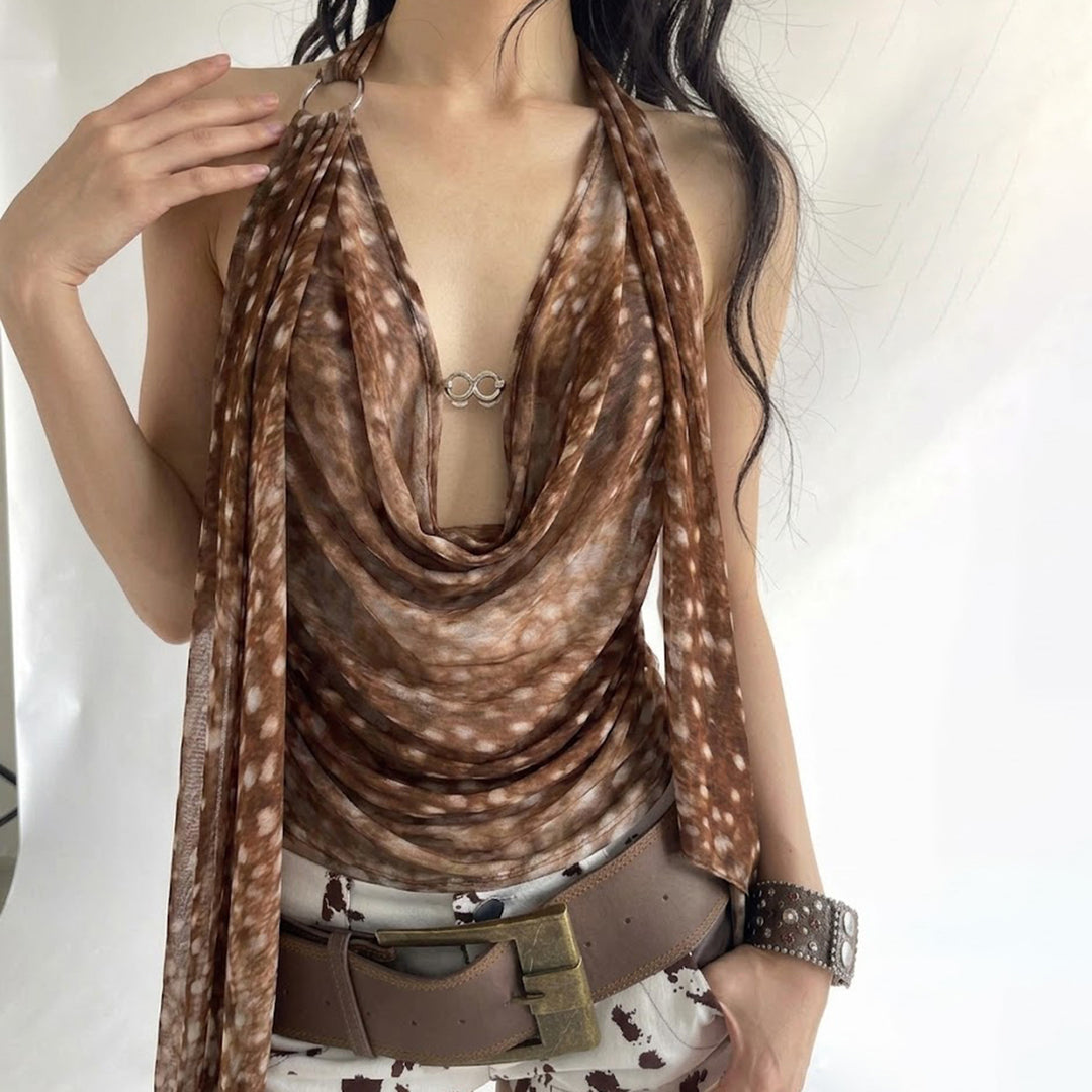 Damen modisches Wickeloberteil mit transparentem Design und langen Bändern R&B