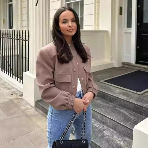 Damen lässige cropped Jacke mit praktischen Taschen und elastischem Saum R&B