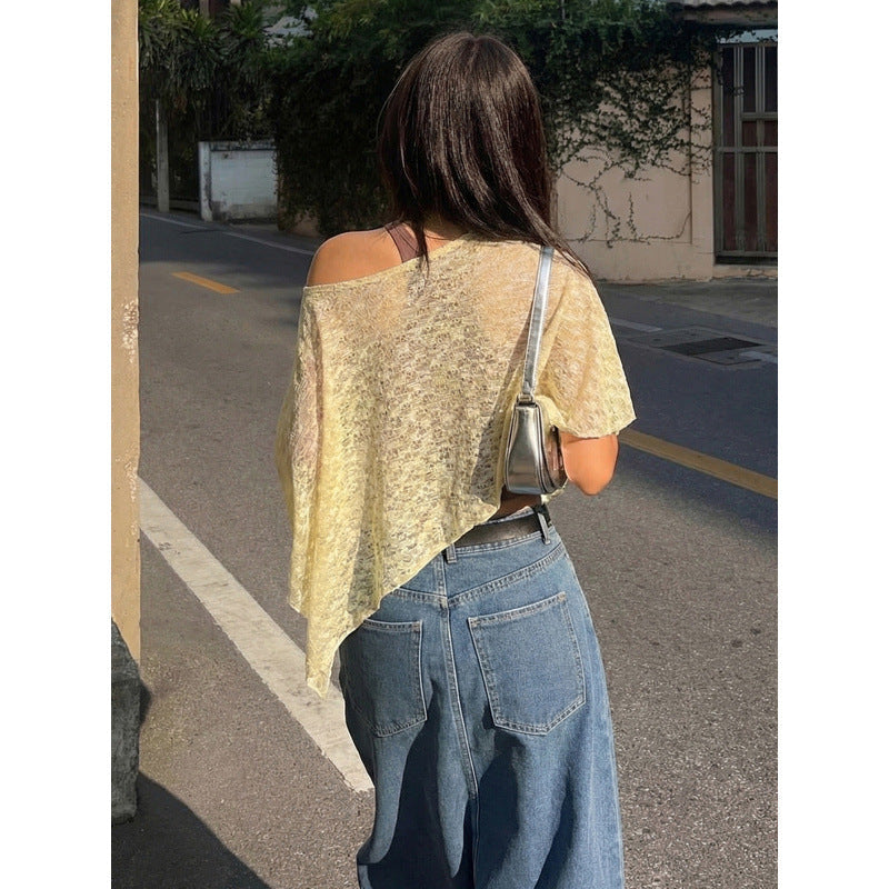 Damen lässiges Crop-Top aus leichtem Strickstoff mit asymmetrischem Saum R&B